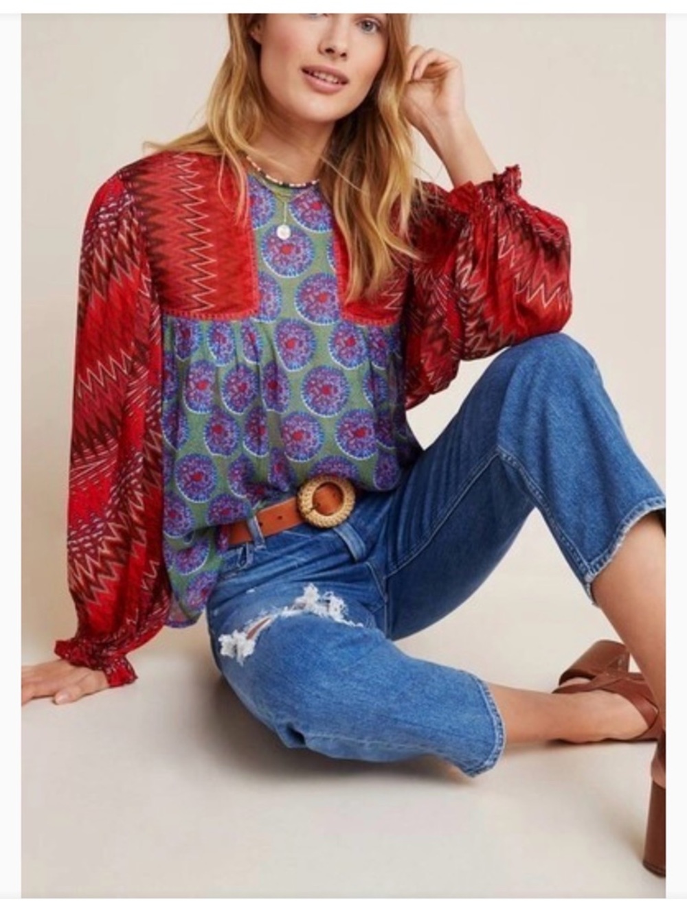 Anthropologie Boho Mixed-Print Red and Multicolor Peasant Blouse